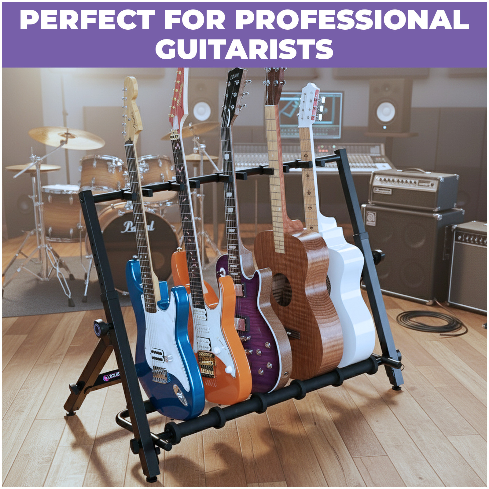 Guitar Stand Rack for 5 Guitars - Foldable Height Design Floor Storage Rack