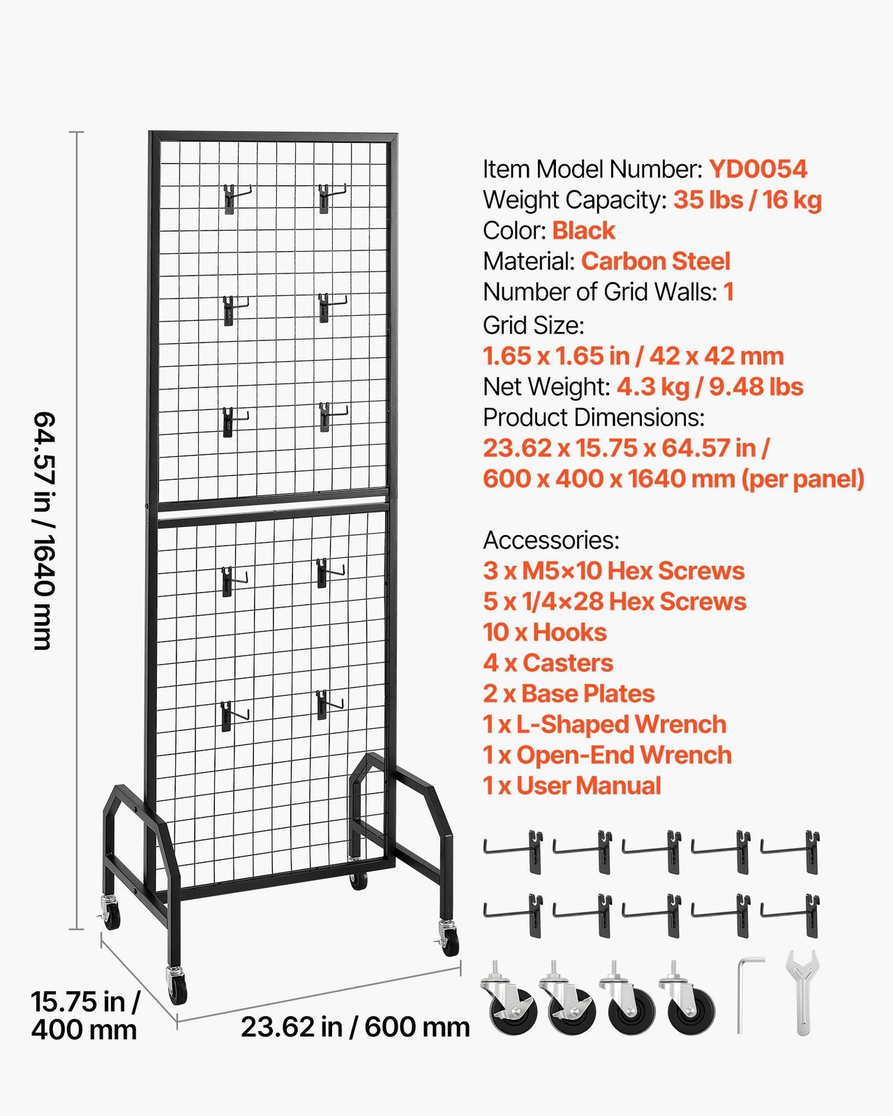 Grid Wall Panel 1.9x5.4ft, Black Carbon Steel, 10 Hooks & Locking Casters