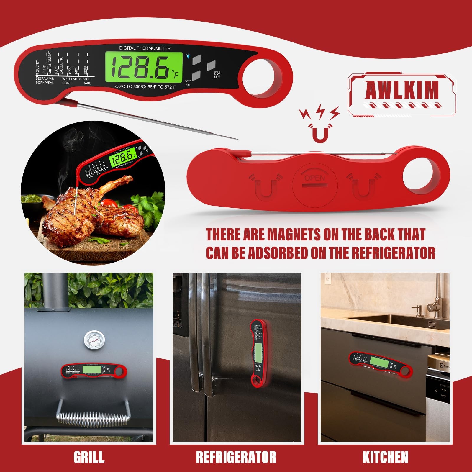 Digital Meat Thermometer | Instant Read | Backlit Display & Foldable Probe