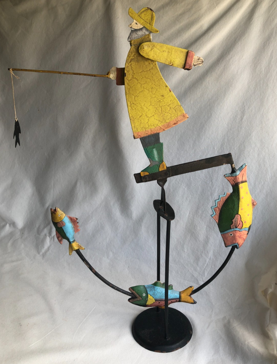 Nautical Fisherman Fishing Hook Teeter Totter Kinetic Metal Folk Art Decoration