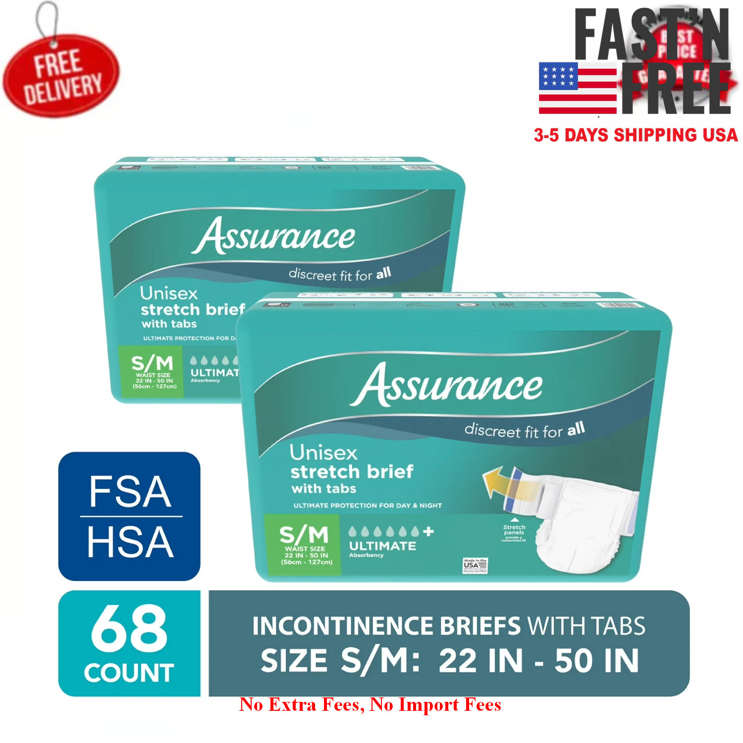 2 Pack Assurance Unisex Stretch Briefs with Tabs S/M 34 Count Each, Total 68 Ct