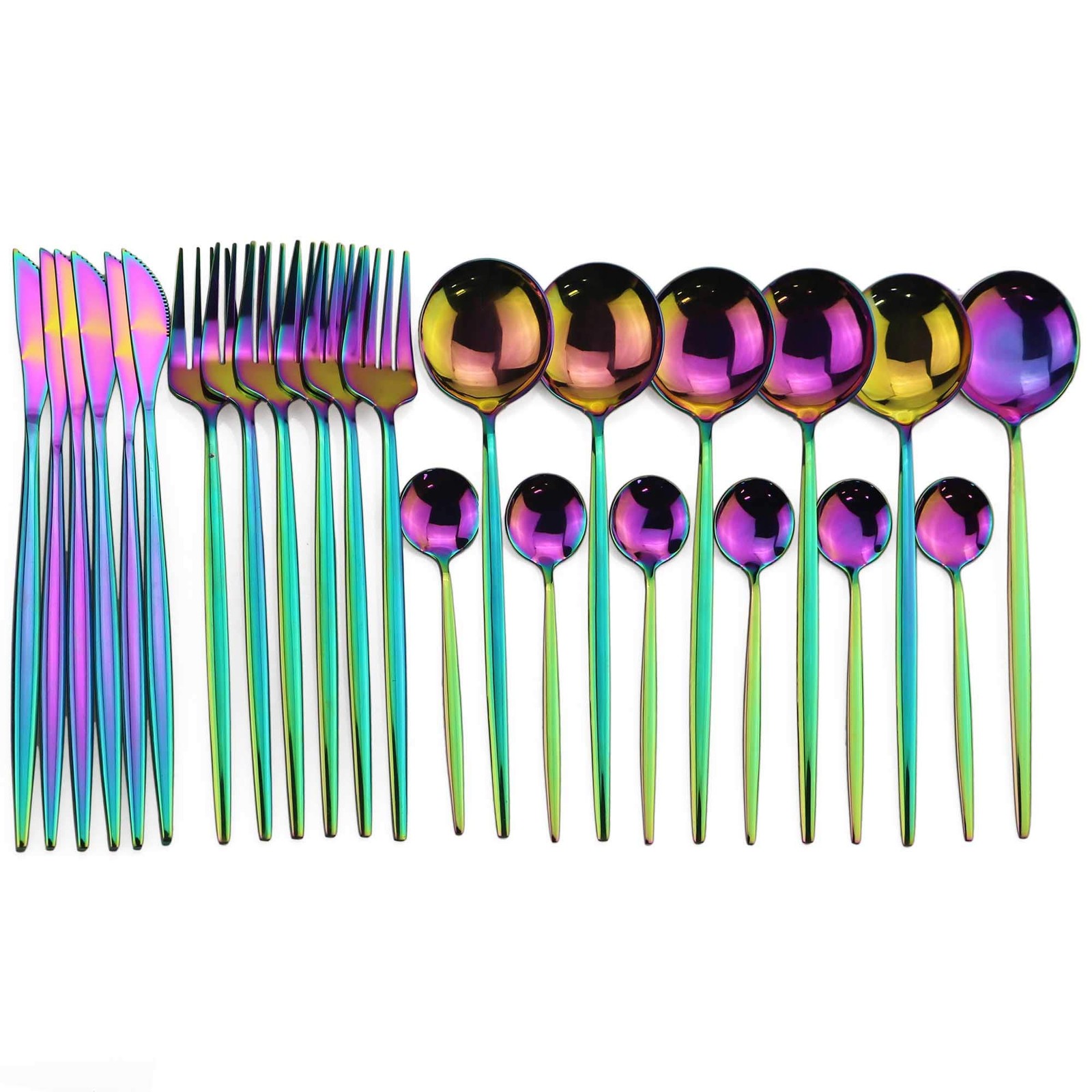 24 PCS Mirror Rainbow Flatware Set 18/0 Stainless Steel Utensils Service For 6