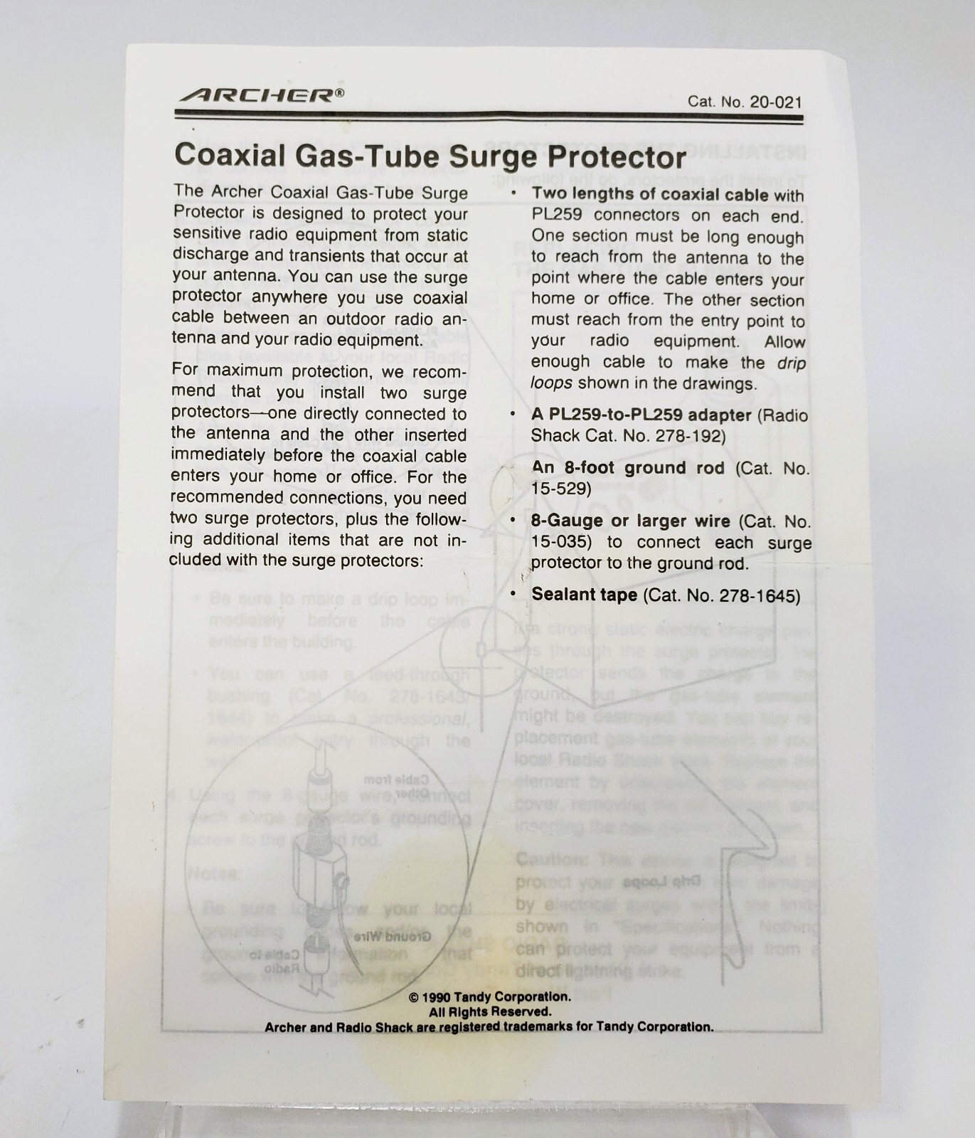 Archer Coaxial Surge Protector Owner's Manual 20-021
