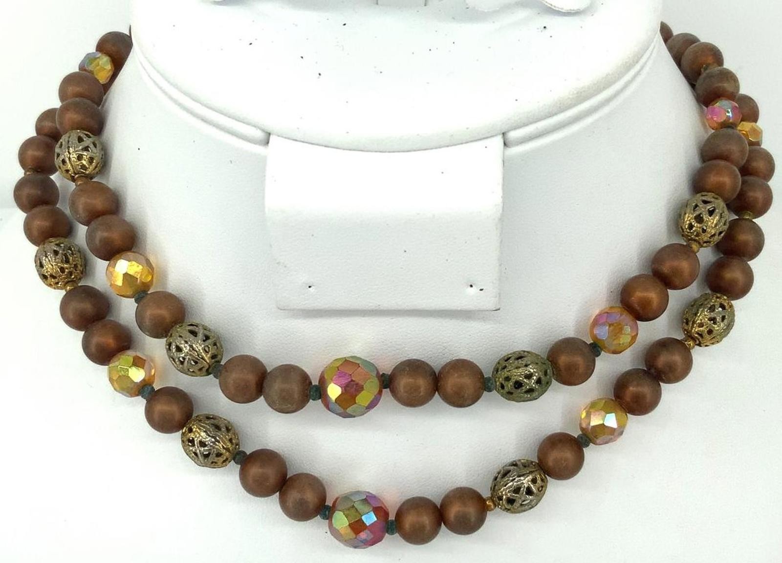 Vintage Glass Aurora Borealis Mid Century Choker Brown Bronze Tone Bead Necklace