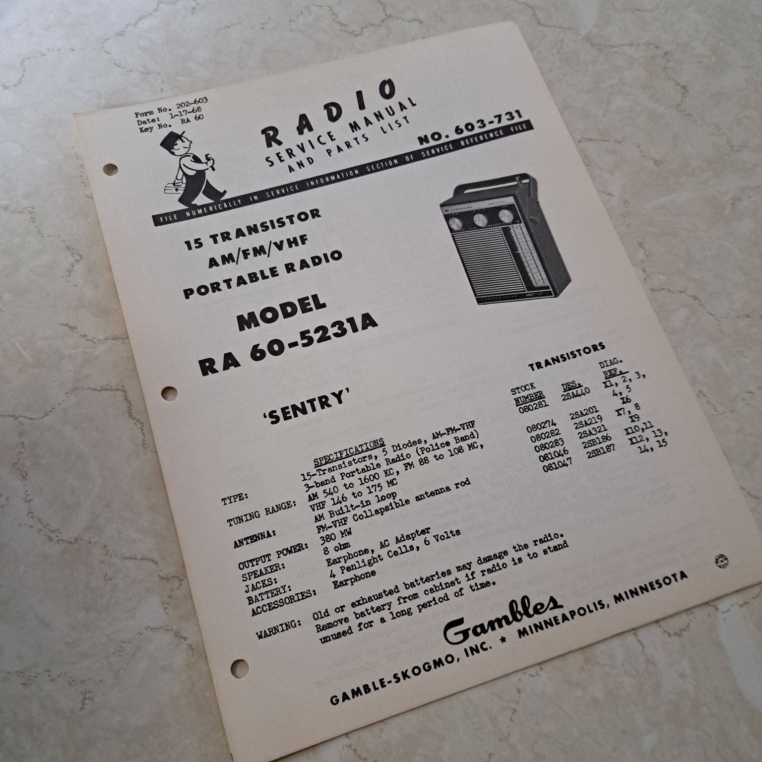 Gambles Service Manual RA 60-5231A Sentry 1960 Portable Radio Illustrated