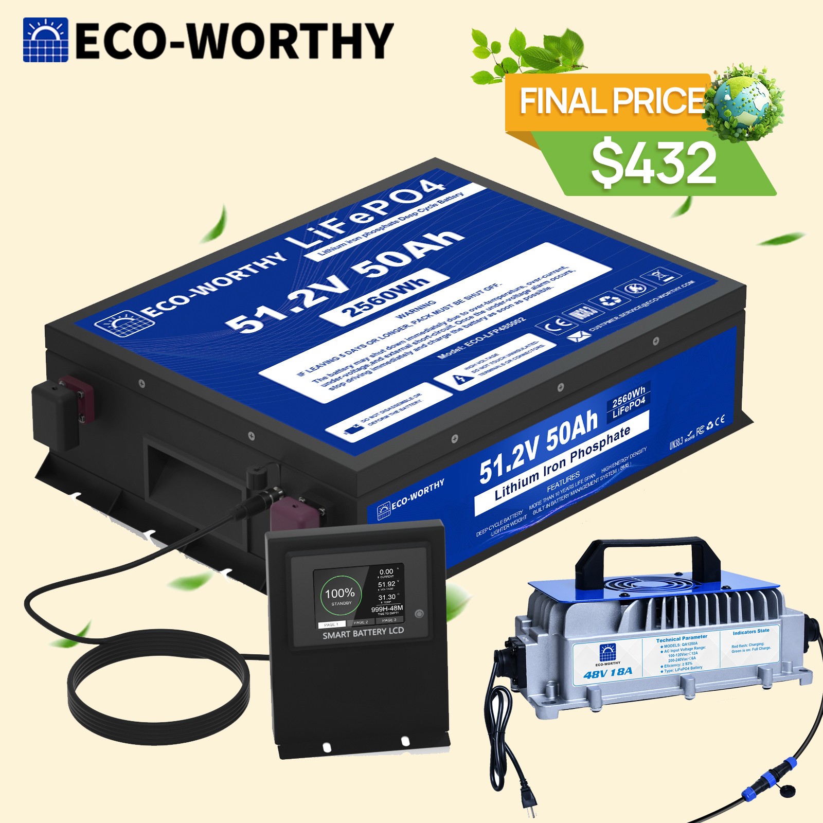ECO-WORTHY 48V 50Ah LiFePO4 Lithium Battery Golf Cart Monitor with 18A Charger