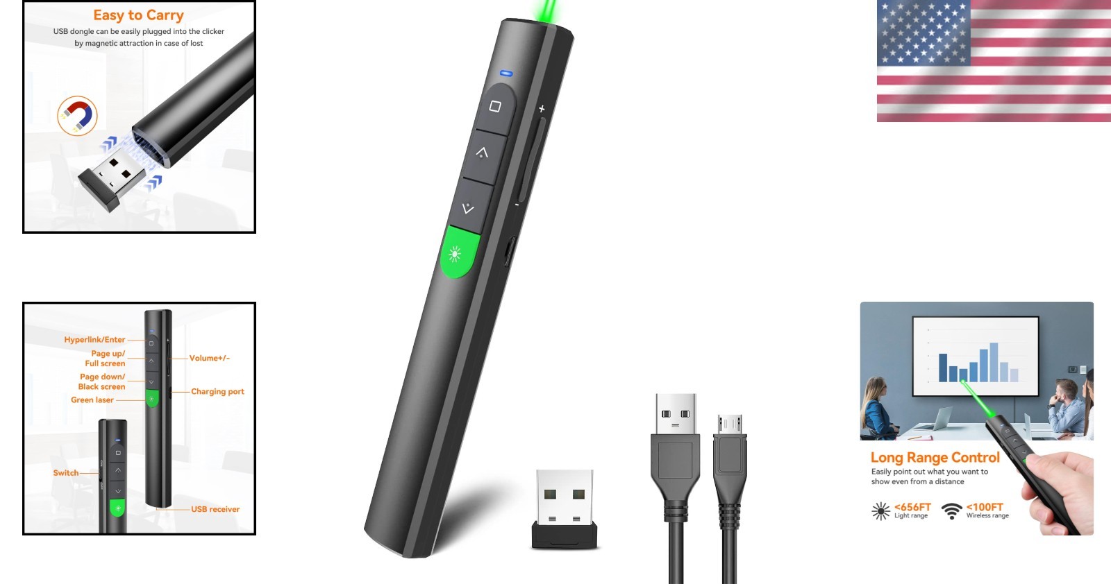 Wireless Presentation Clicker Rechargeable Green Laser Pointer PPT Remote