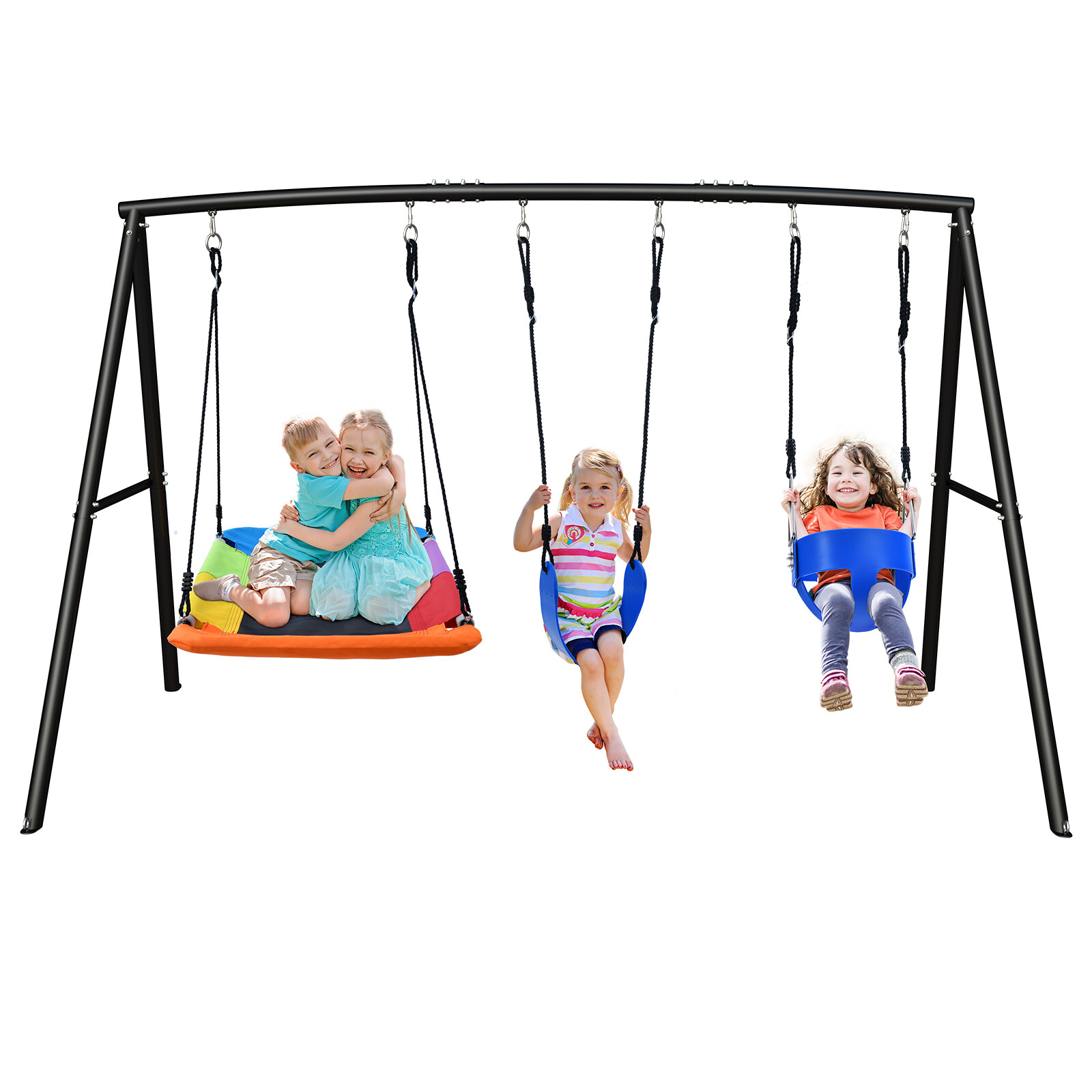 Hapfan Swing Sets with 3 Seats Metal Frame Outdoor Toddler Swing Kids Playset