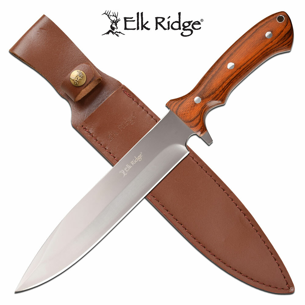 Elk Ridge Chrome Bowie Hunters Fixed Blade Knife Full Tang Brown Wood ER-200-25