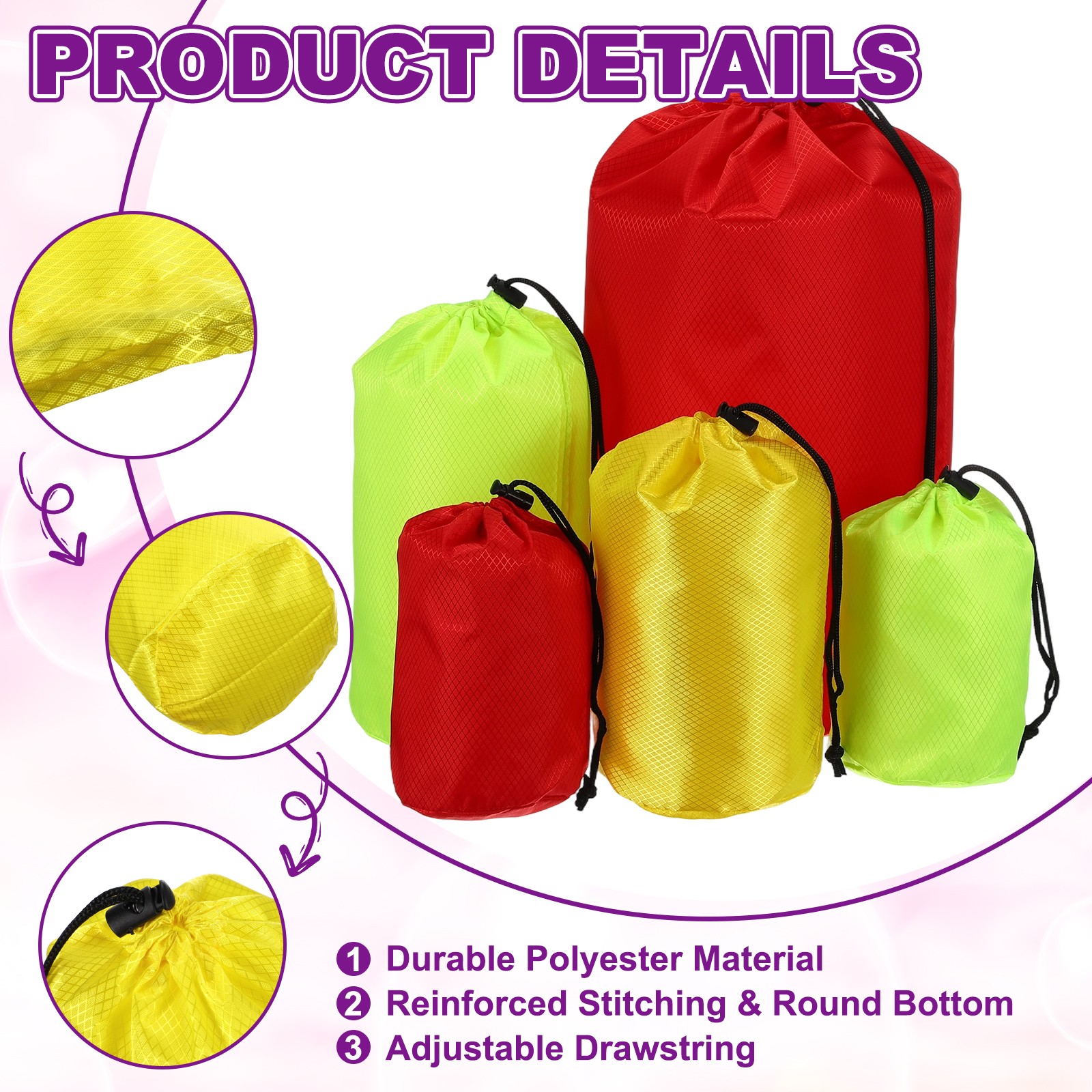 Stuff Sack, Nylon Waterproof Storage Sacks, 5x10Inch (Yellow)