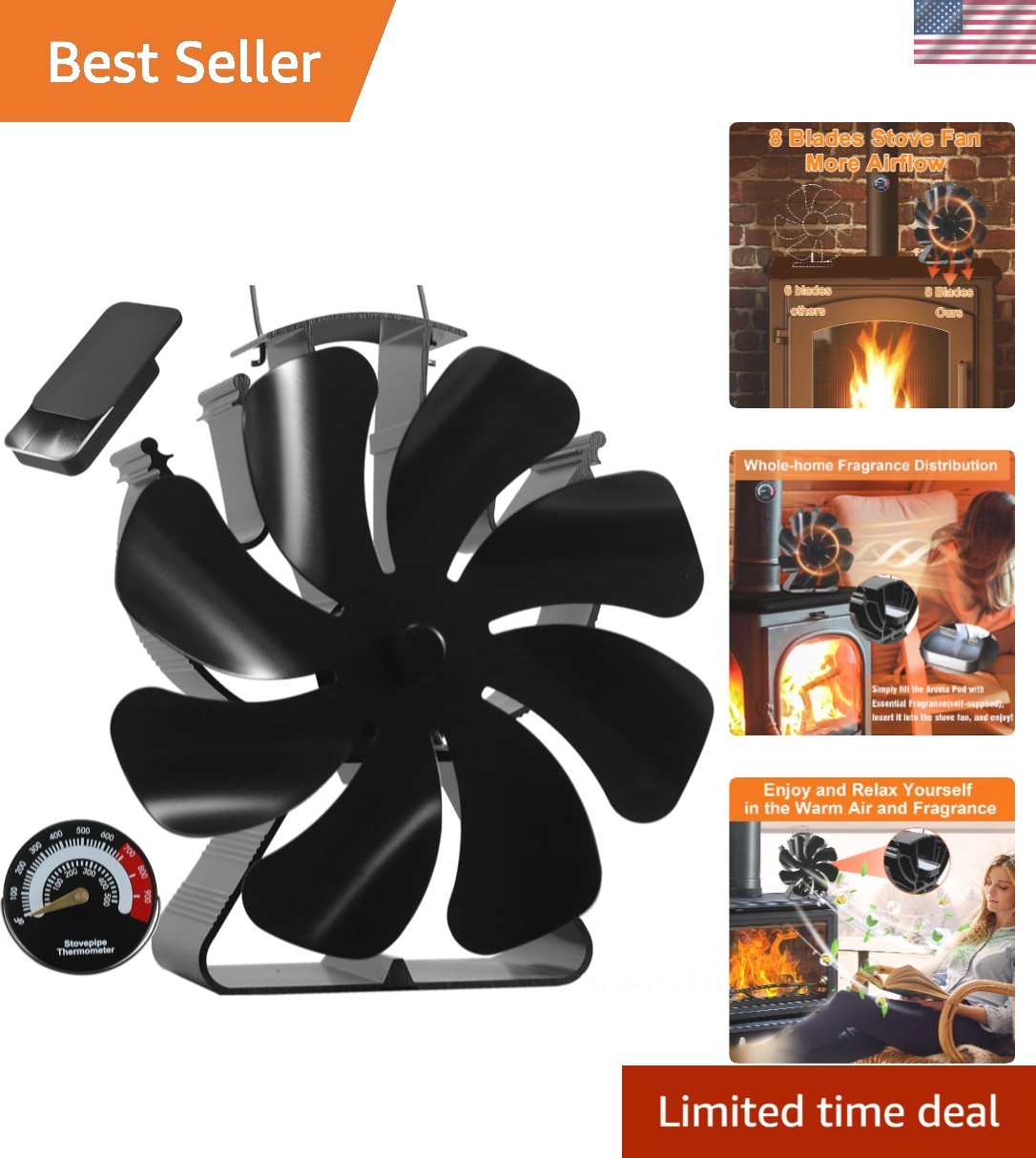 Cordless Aluminum Wood Stove Fan with Thermometer - Efficient Heating Solution