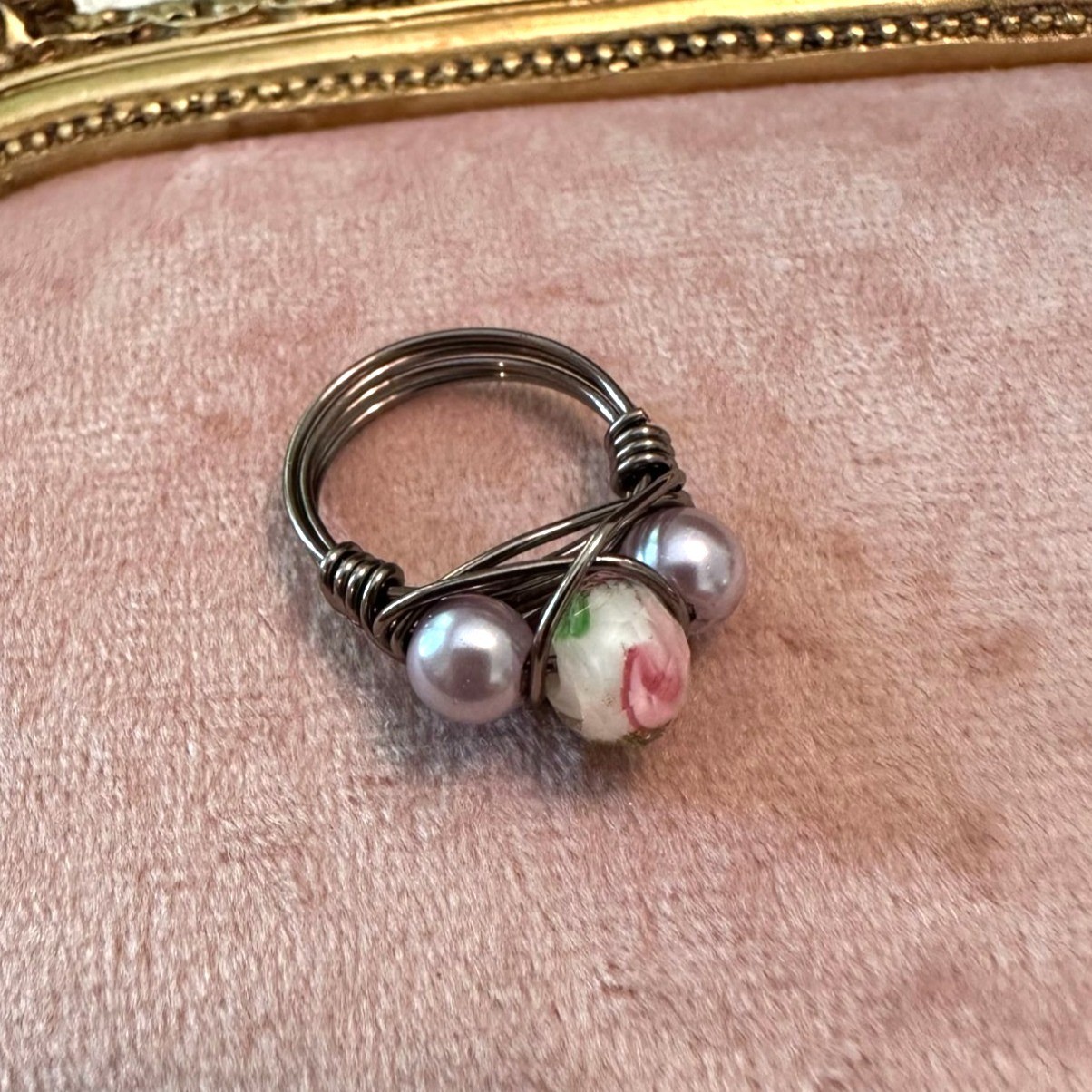 Handmade Wire Wrapped Ring Lampwork Bead & Purple Glass Pearls Gunmetal Sz 5 1/4