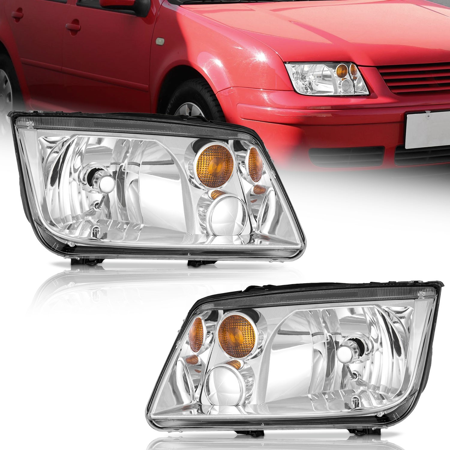 Pair Headlights Assembly For 1999-2005 Volkswagen Jetta Bora Chrome Headlamps
