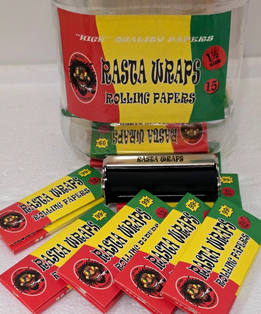 RASTA WRAPS ROLLING MACHINE (70MM) & 4 Packs RASTA 1.5 PAPERS (32 per Pack)
