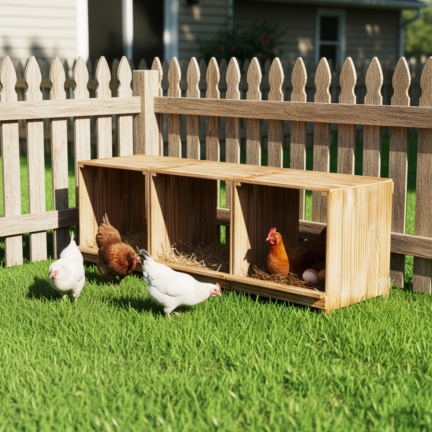 Chicken Nesting Boxes 3-Compartments Pine Wood Chicken House Floor Standing