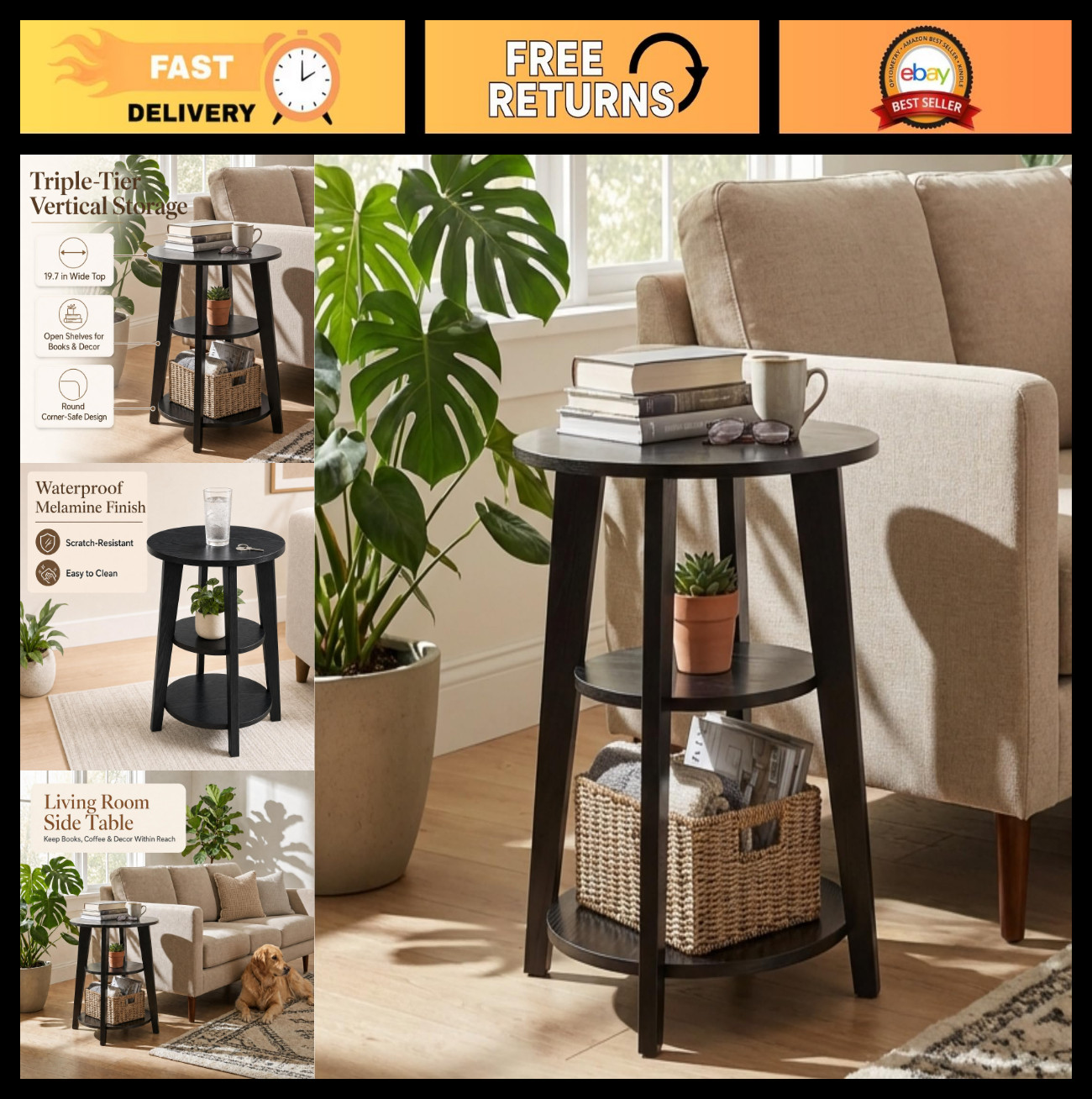 3-Tier Round Side Table - 23.6" Tall End Table with Storage Shelves, Modern Nigh