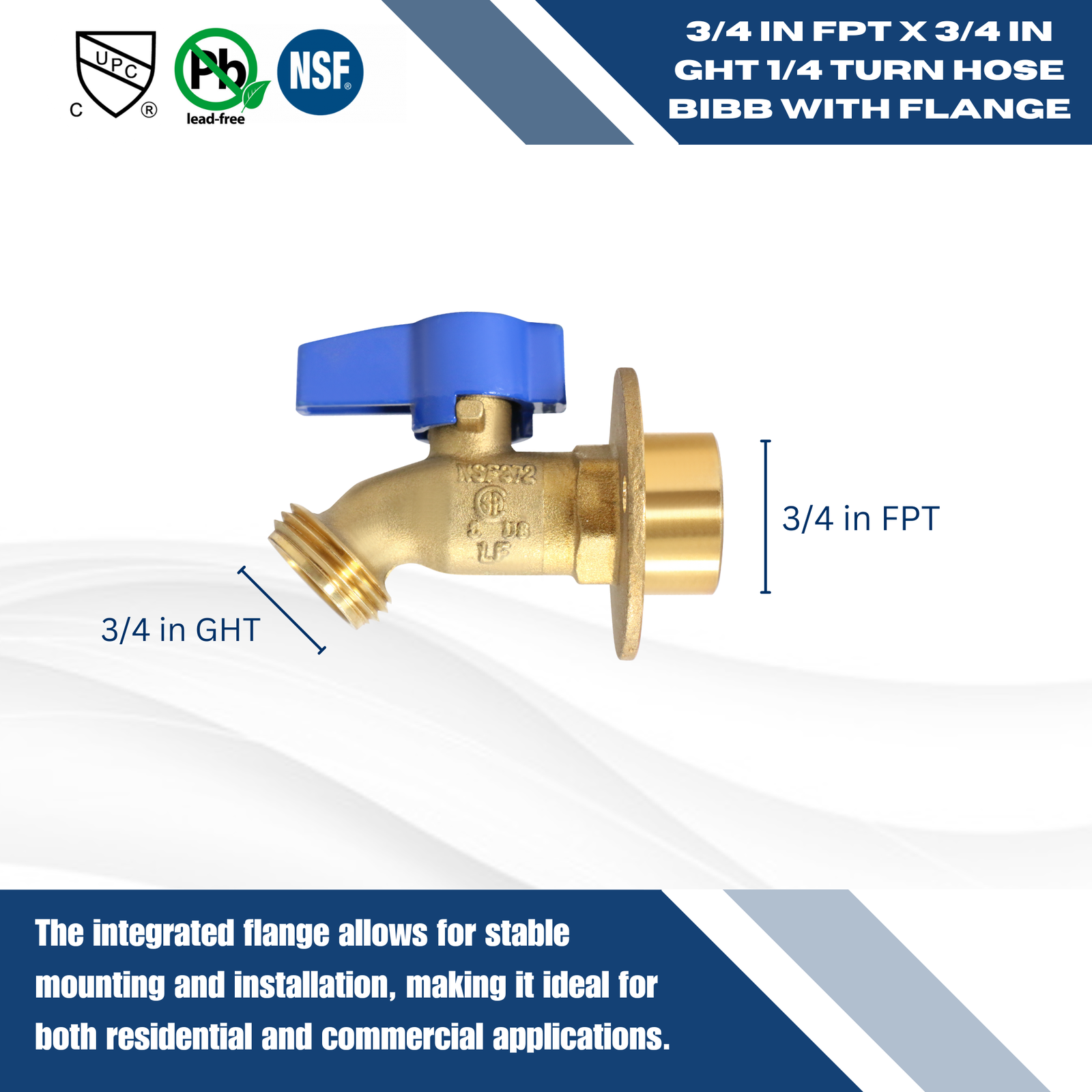 5 Pcs XFITTING 3/4" FPT x 3/4" GHT 1/4 Turn Hose Bibbs with Flange
