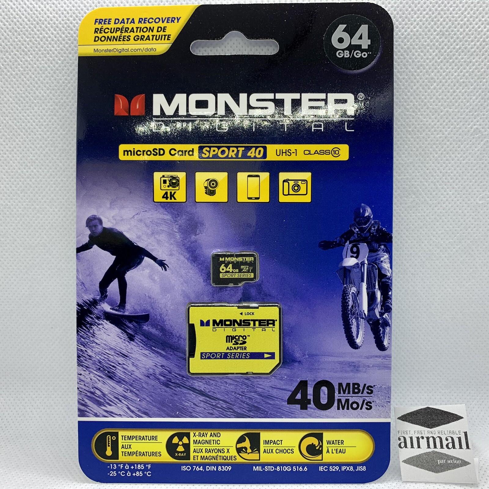 NEW Monster Digital 64GB SPORT 40 Micro SD UHS1 w/Adapter Up to 40MB/s Class 10