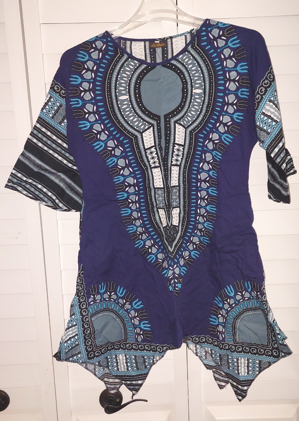 Dashiki  Womens Colorful Blue/Black/White Ethnic Print Small Top