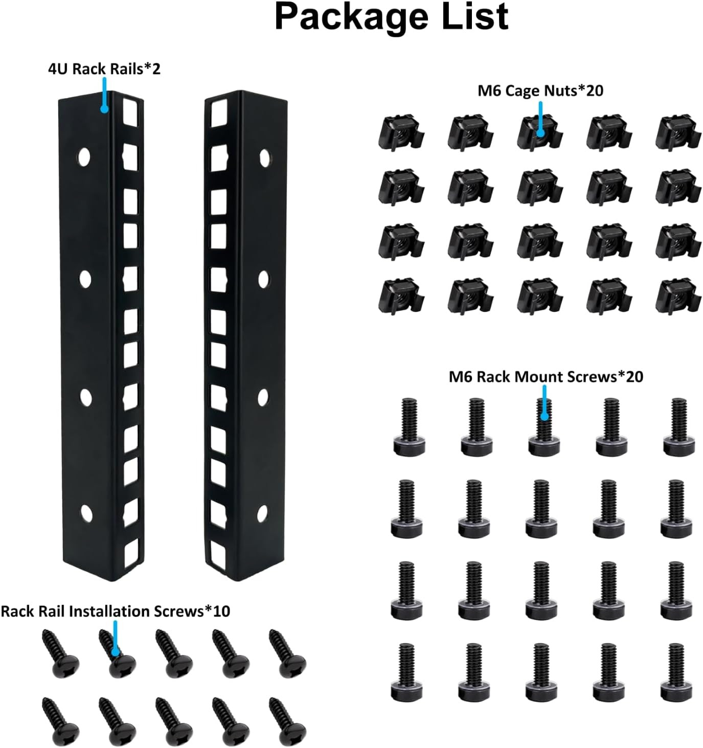 4U Rack Rails with M6 Rack Mount Screws and Cage Nuts Set for DIY Server and ...