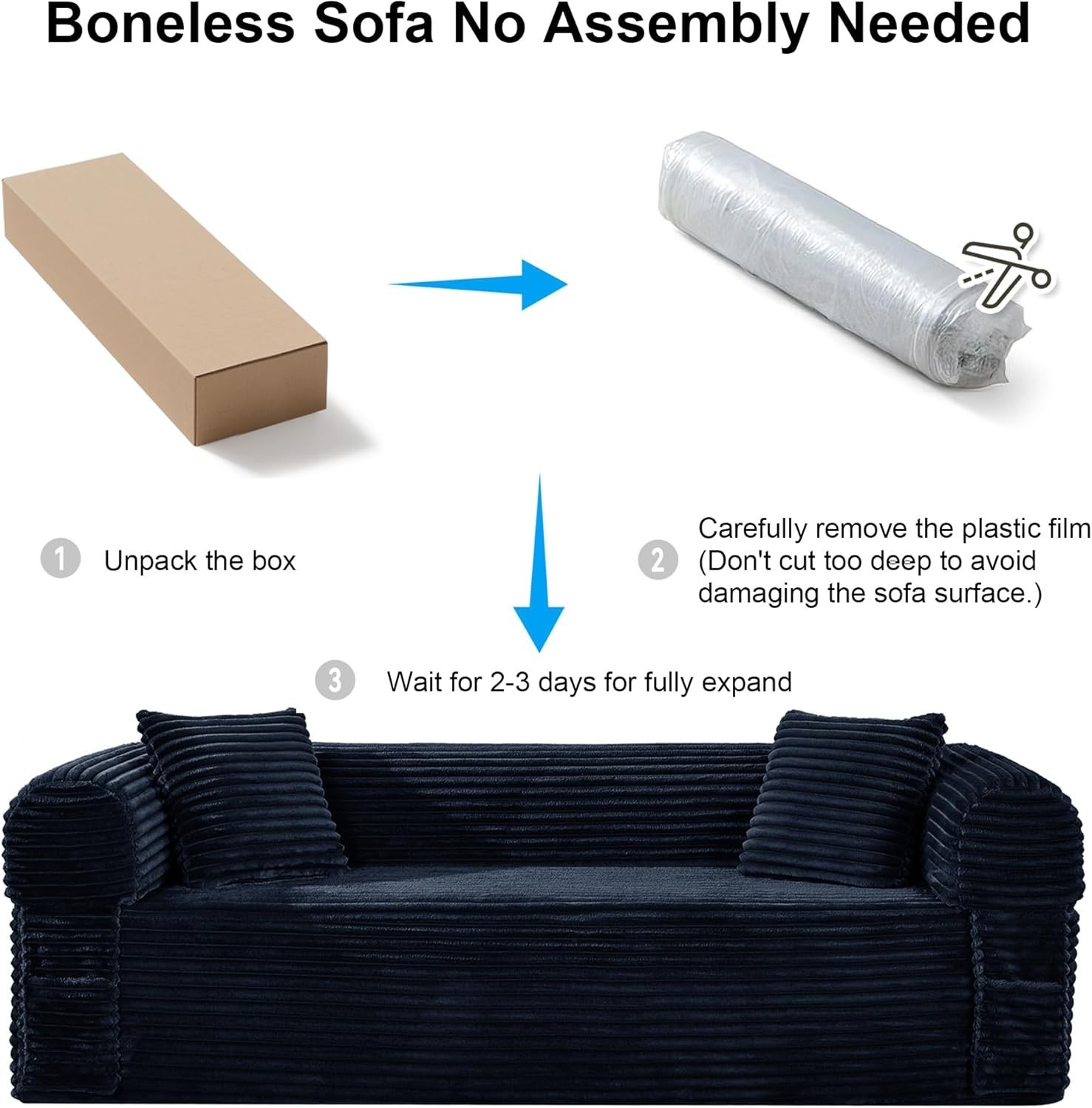 Boneless Convertible Couch Corduroy Sofa with 2 Pillows + Removable Backrest
