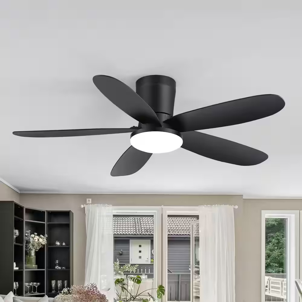Vladimir 42 In. Covered Outdoor Standard Black Flush Ceiling Fan with LED Light