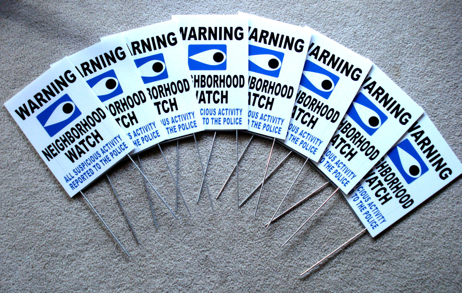 8 WARNING NEIGHBORHOOD WATCH POLICE SIGNS w/Stakes  8x12 Plastic Coroplast