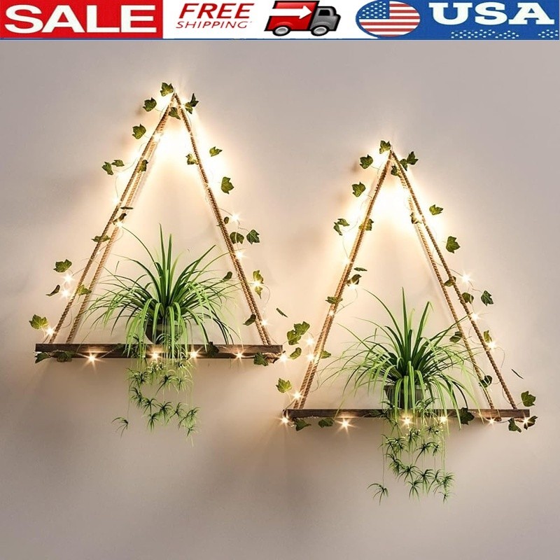 Rustic Hanging Wall Shelf Natural Wood W/ LED Lights Plant Display Storage New
