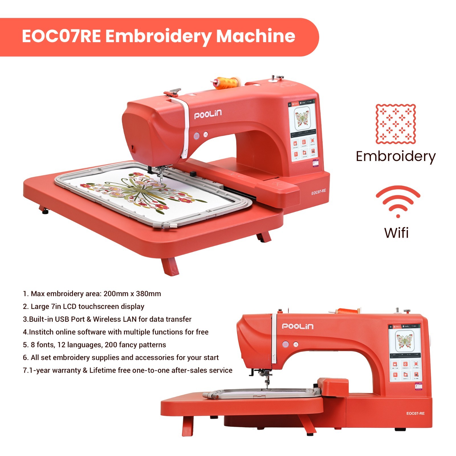 POOLIN EOC07-RE RED Computerized Embroidery Machine Large area LCD Touch Screen.