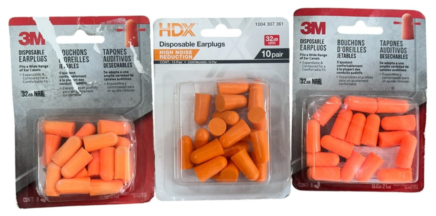 Lot of 3, Disposable Ear Plugs, 32 Decibels, 3M & HDX, 26 Total Ear Plugs