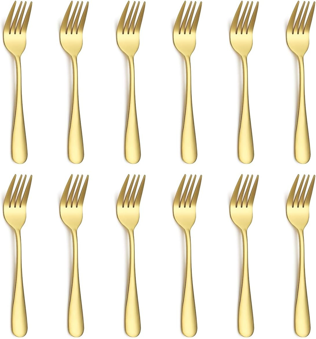 Gold Dessert Forks Set of 12 Pack 5.62", Golden Titanium Plating Pastry Fork, Ap