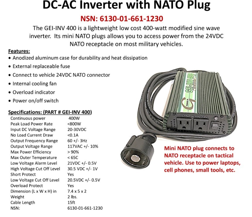 HMMWV LMTV/MTV/M35/M939 POWER INVERTER 24V to 110V AC WITH NATO ADAPTER