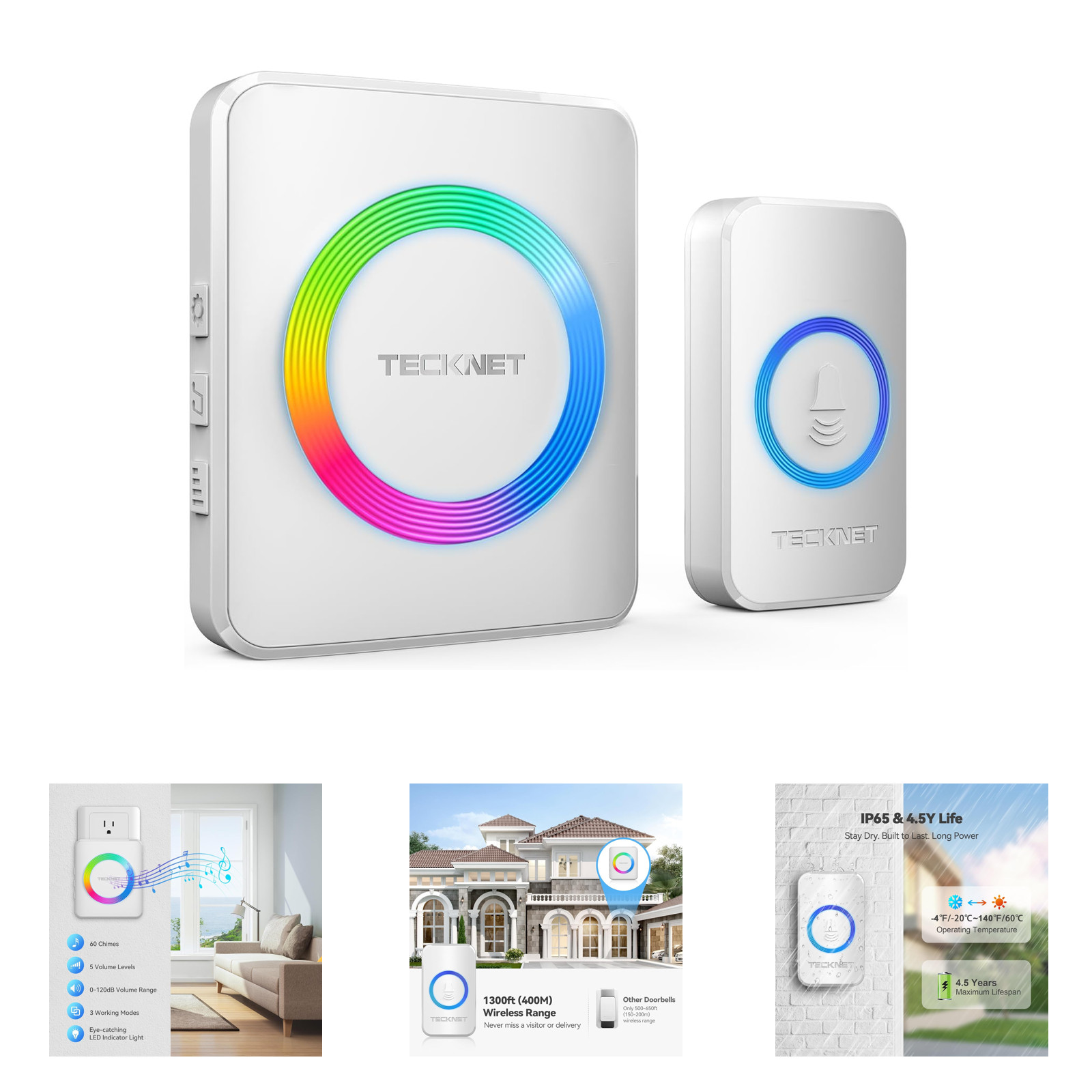 Wireless Doorbell with 1300ft Range Waterproof IP65, 60 Ringtones, 5 Volume