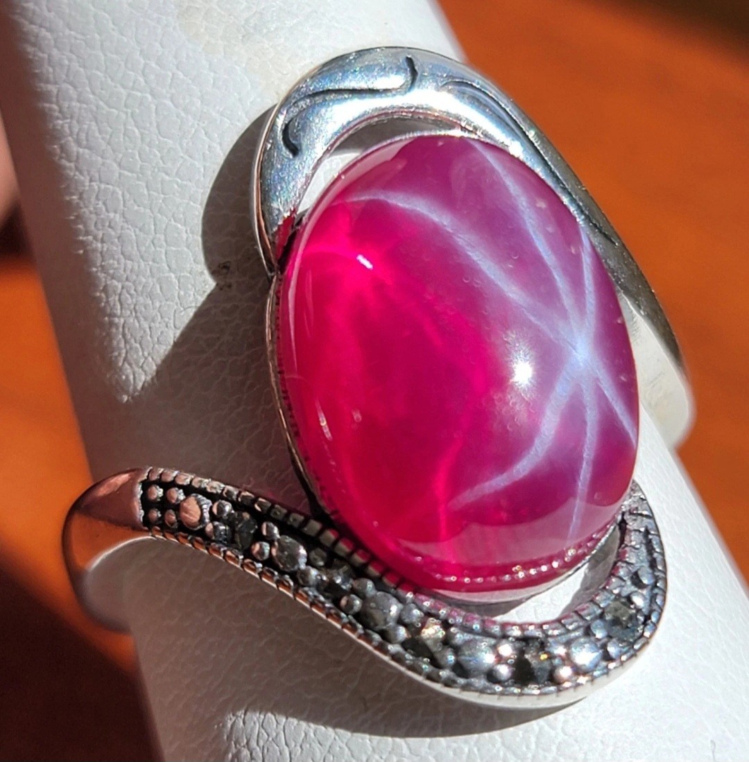 10 Ct. Six Star Red Ruby Sterling Silver Adjustable Ring Certified Gemstone...