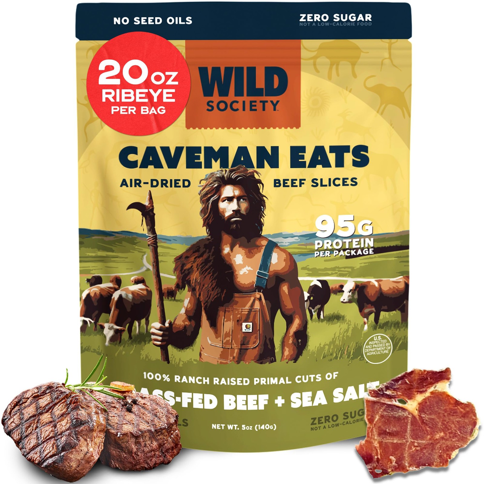 - Caveman Eats - Grass Fed Ribeye Steak Slices - 95g Protein - Only Steak & S...