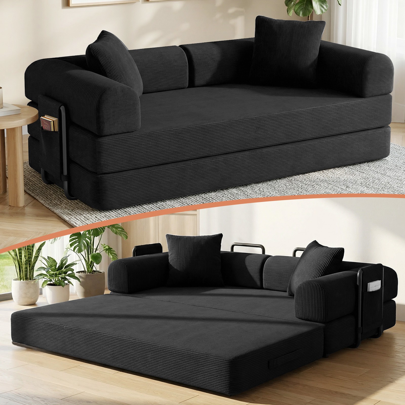 Sofa Bed Couch Sleeper Convertible Pull-Out Bed Couch With Side Pockets Washable