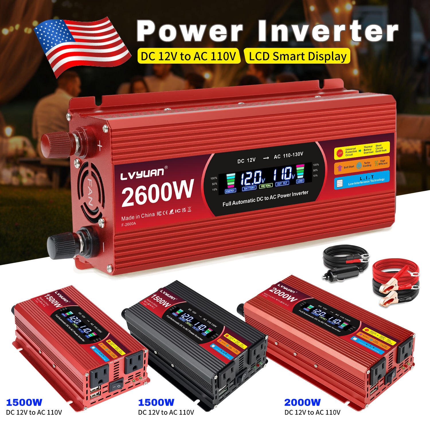 1500W 2000W 2600W Car Power Inverter 12V to 110V Converter 2USB 2AC LCD Display