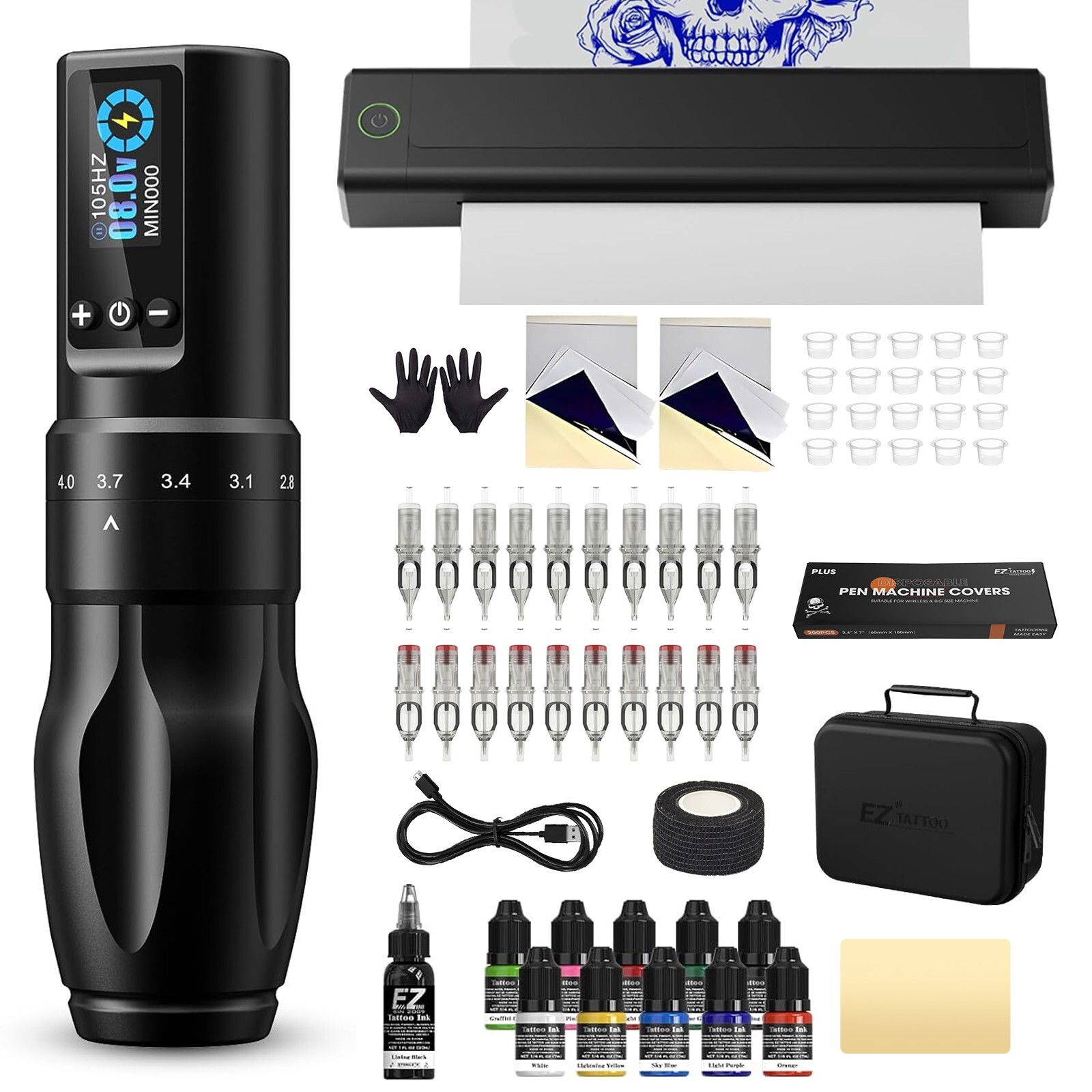 EZ Tattoo Kit Wireless Tattoo Machine Pen 7 Strokes 2.0mm-4.0mm Transfer Printer