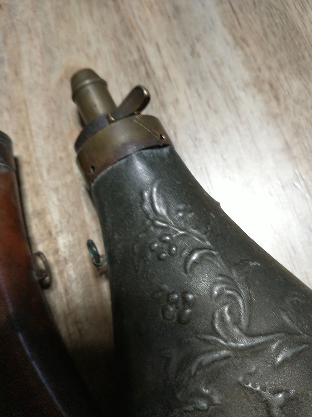 2 PCS Vintage Powder Flasks Shell & Acanthus Pattern & Running Deer FOR DISPLAY