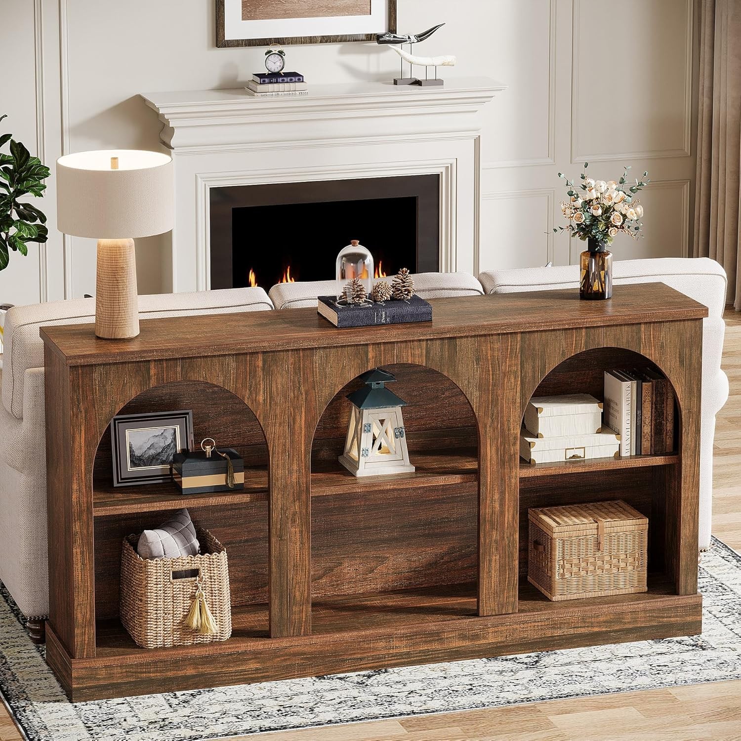 63-Inch Farmhouse Console Table, Rectangular Wooden Entryway Table with Storage