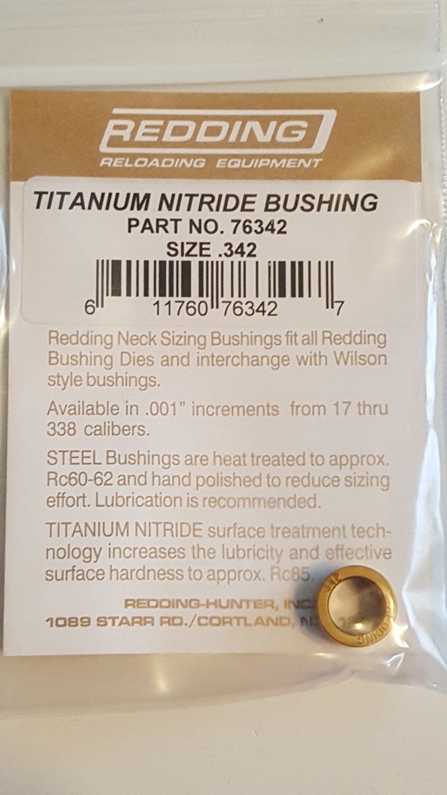 76342 REDDING TITANIUM NITRIDE .342 NECK SIZE BUSHING - BRAND NEW - FREE SHIP