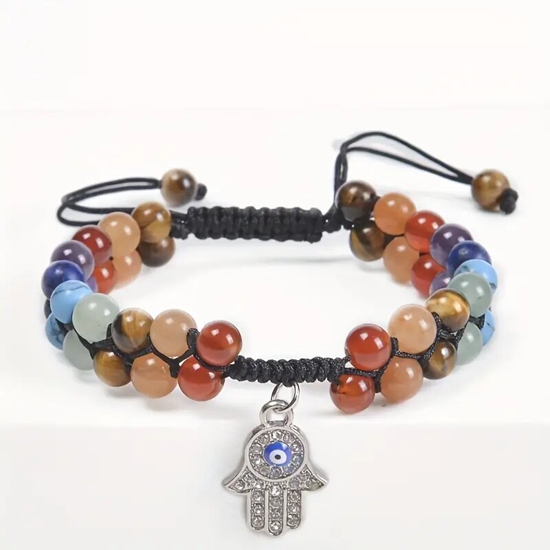 Unisex Vintage Hand Of Fatima Crystal Natural Stone Bracelet, Tiger Eye Stone