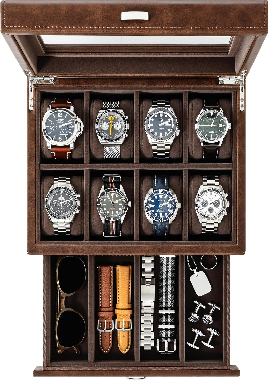 Elegant 8 Slot Watch Box with Drawer for All Watch Sizes - Brown
