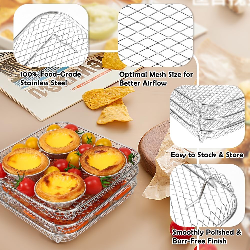 BYKITCHEN 8 inch Square Air Fryer Rack, 3pcs Stackable for 6-7.5 QT, Silver