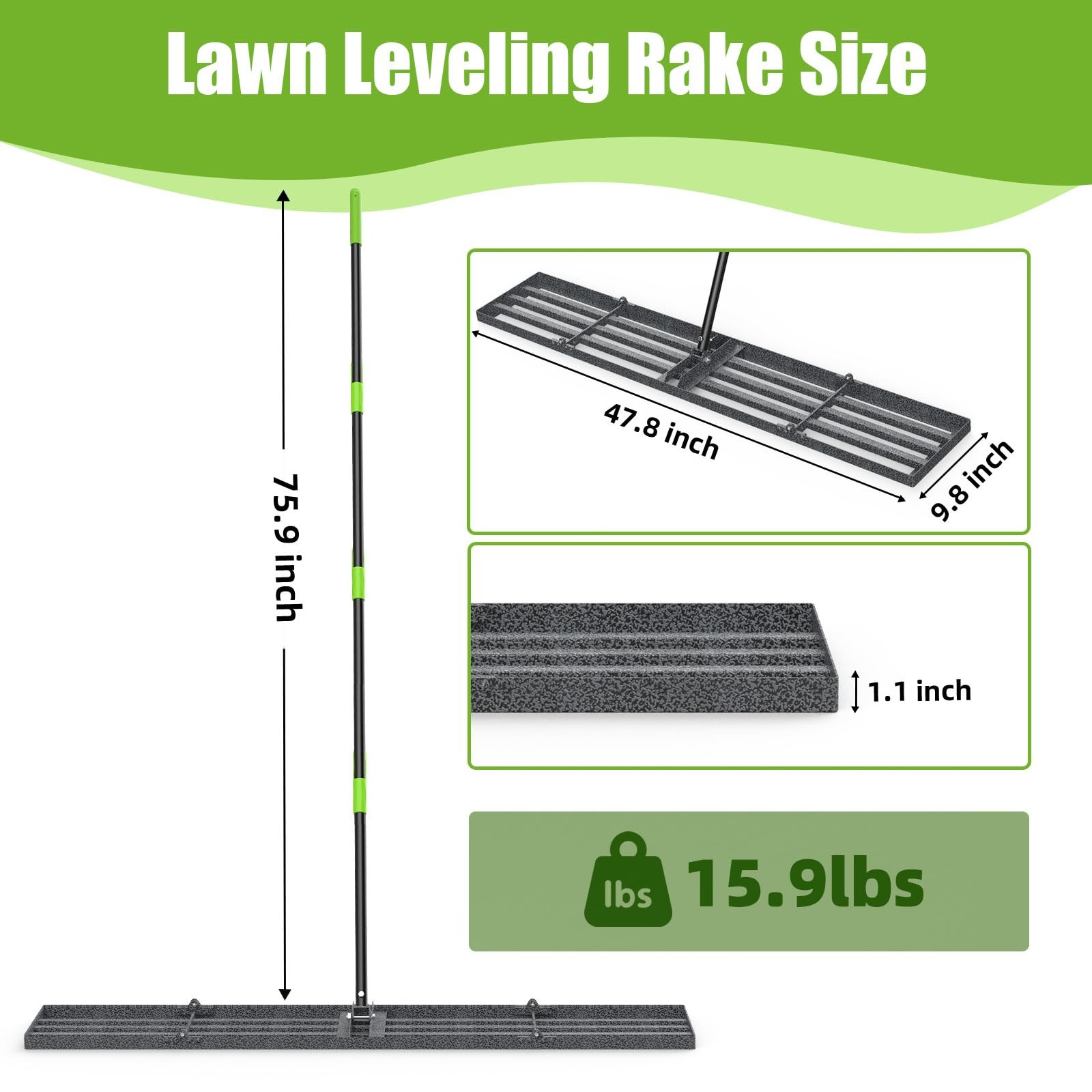 48×10 Anti-Flip Lawn Leveling Rake,76” Adjustable Handle