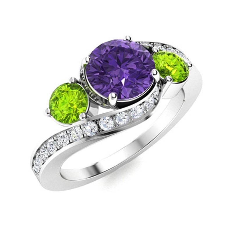 5MM Round Shape Amethyst & Peridot 925 Sterling Silver Three Stone Women Ring