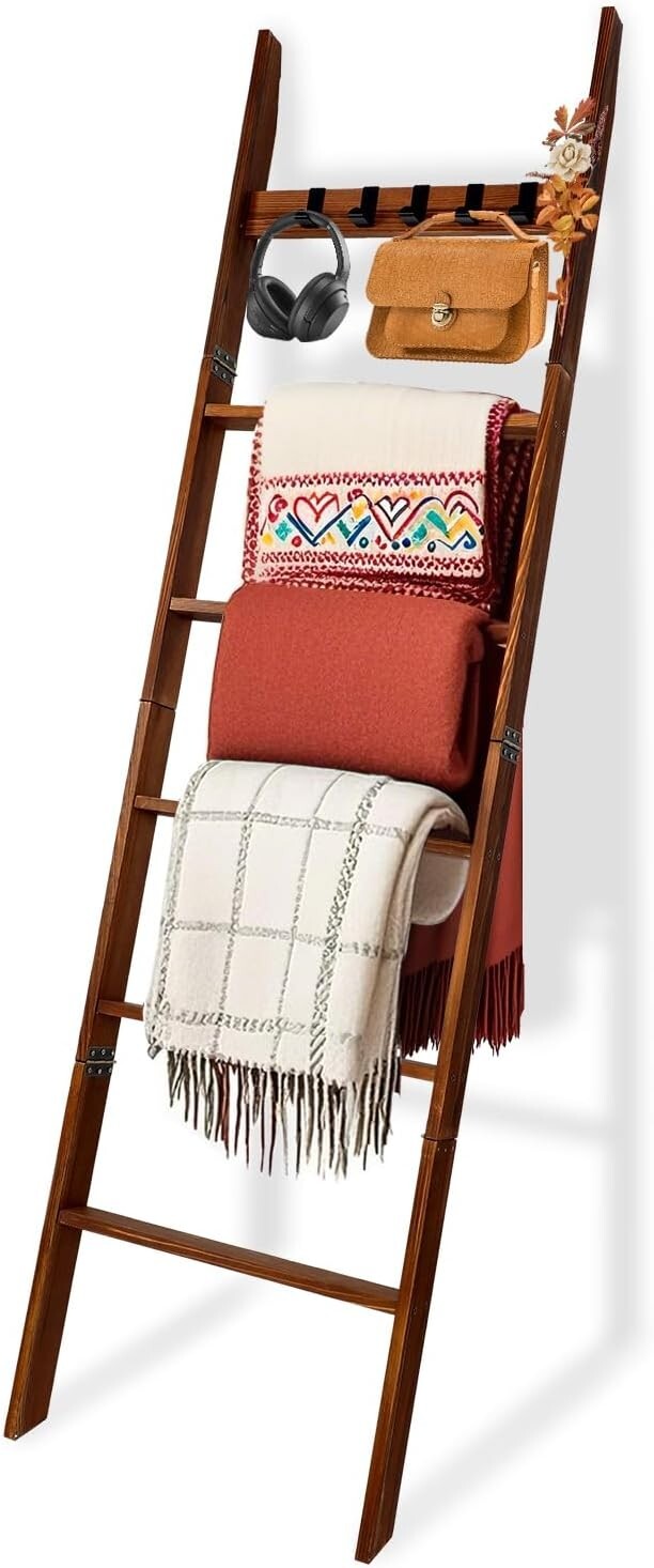 Wooden Blanket Ladder with Removable Hooks, 6-Tier 5.66 Ft (68 Inch) Rustic