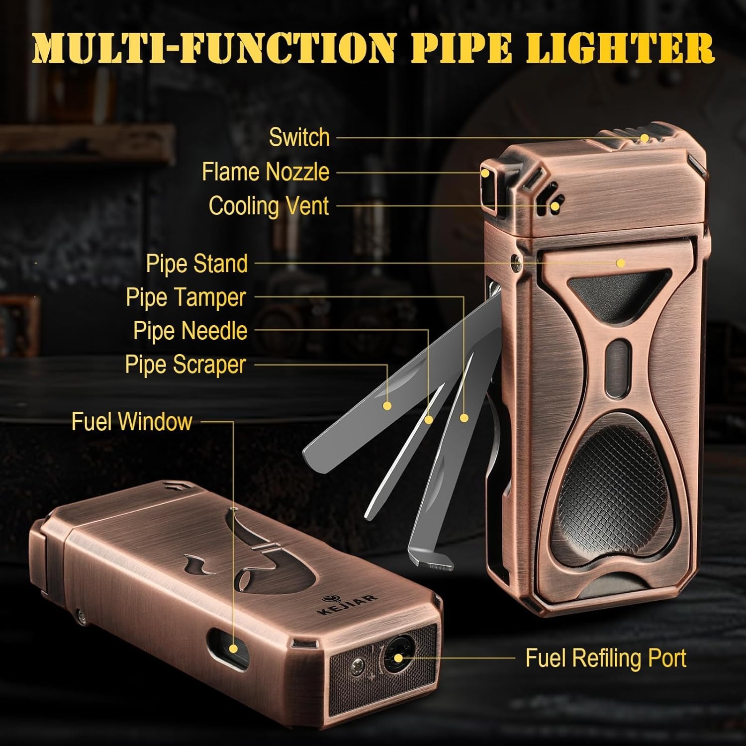 Pipe Lighter with Stand, 3 Collapsible Cleaning Tools, Refillable ,Bronze Color