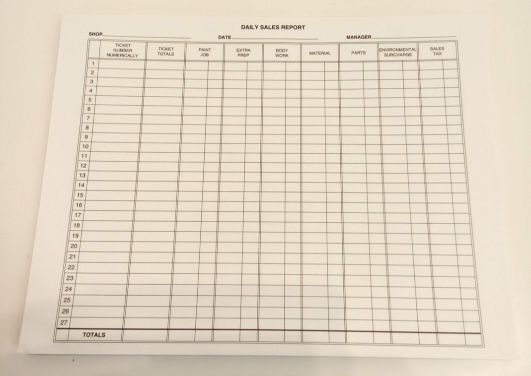 Automotive Paint and Body Shop Daily Sales Report 11" x 8-1/2"  50 Sheet Pad
