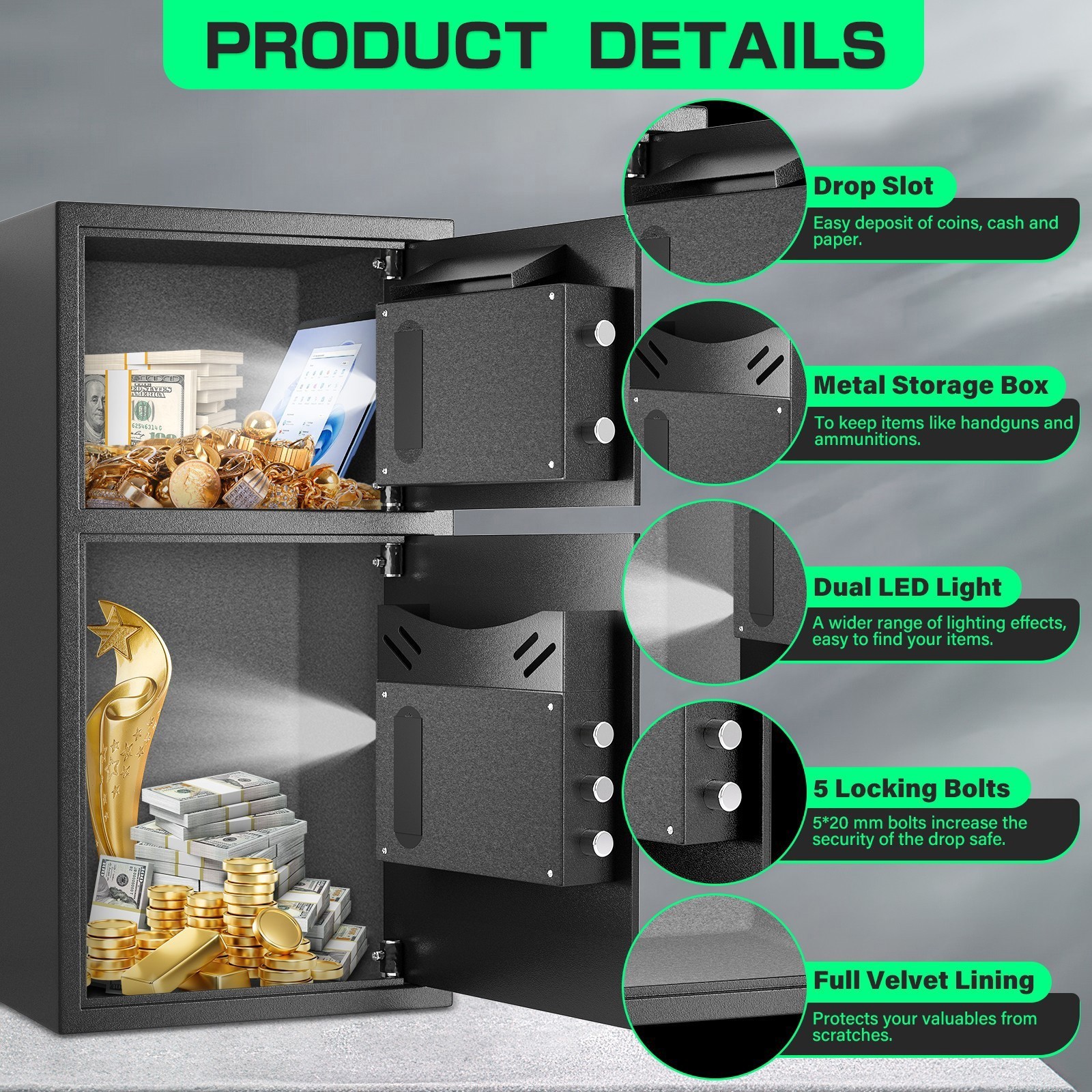 6.0 Cub Large Home Safe with Fingerprint Lock, Adjustable Shelf, Fireproof Steel